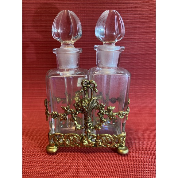 Brass Caddy & Perfume Bottles Style Of 19th Century French Baccarat Floral Motif - Picture 4 of 14